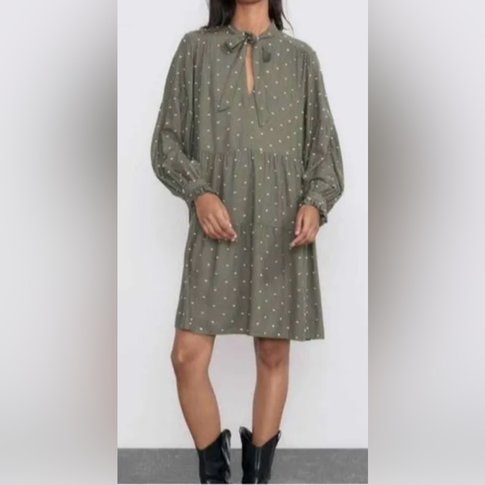 ZARA Baby‎ Doll Mini Dress Size XL Green White Polka Dot Long Sleeve
